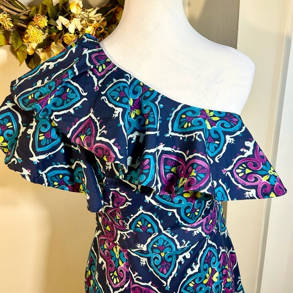 JOSIE NATORI One Shoulder Ruffled Peplum Hem Colorful Mini Dress Sz 6 - Picture 3 of 13